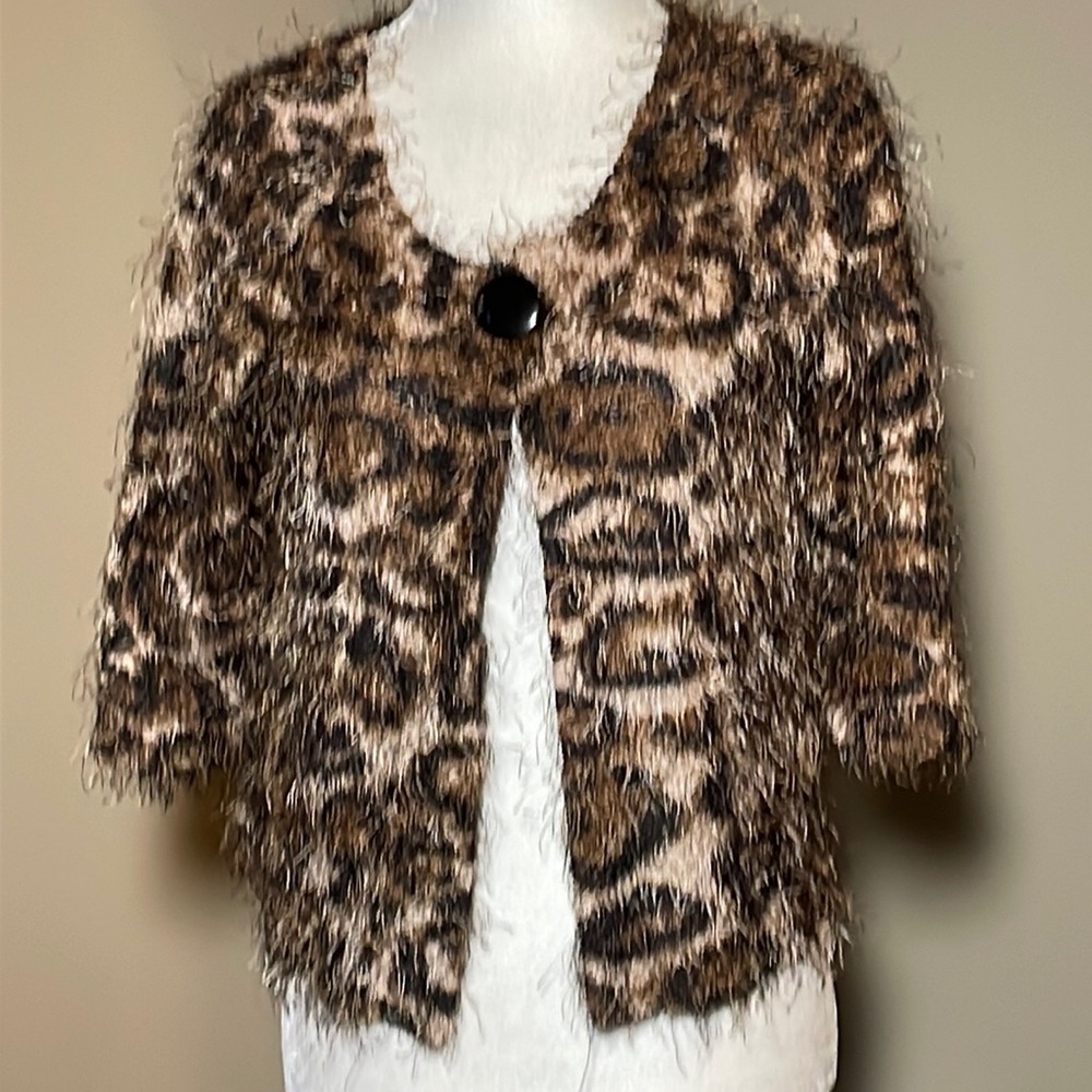 New Directions Soft, Furry Leopard Semi-Shrug Sweater with 3/4 Length Sleeves